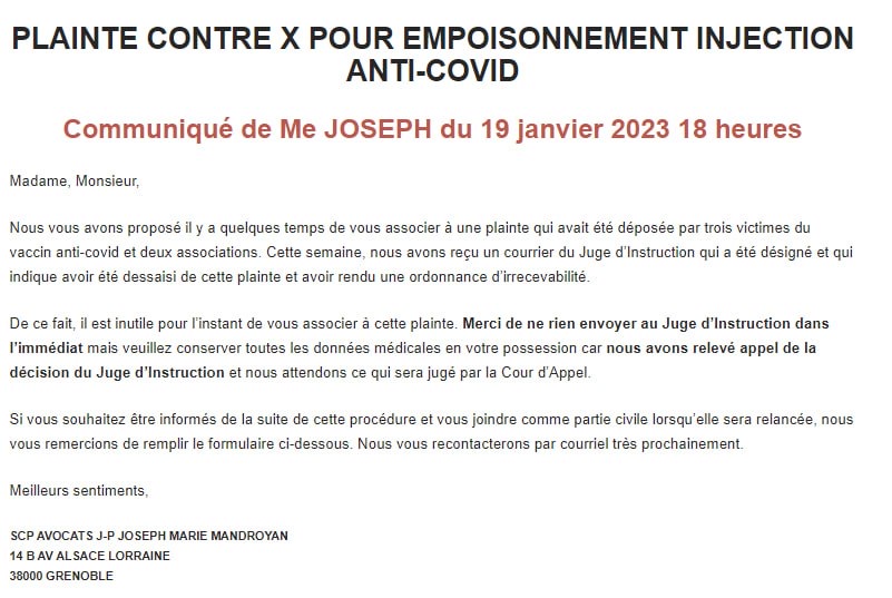 Plainte contre X pour empoisonnement injection anti-covid