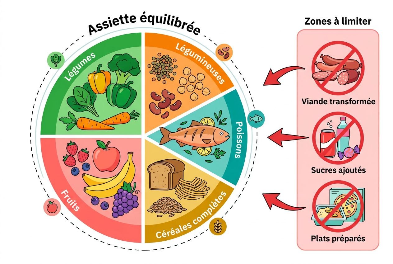 Assiette équilibrée avec légumes, fruits, céréales complètes et légumineuses pour prévenir le cancer.