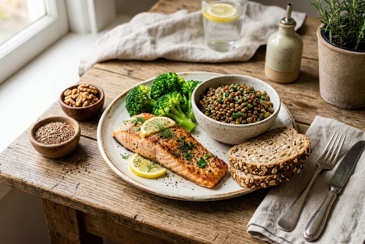 Assiette de saumon grillé avec légumes, lentilles et pain complet ; repas équilibré pour l'alimentation hormonale à la ménopause.