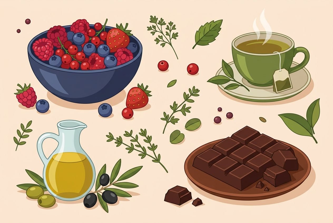 Assortiment d'aliments bénéfiques pour le microbiote : fruits rouges, huile d'olive, thé vert et chocolat noir