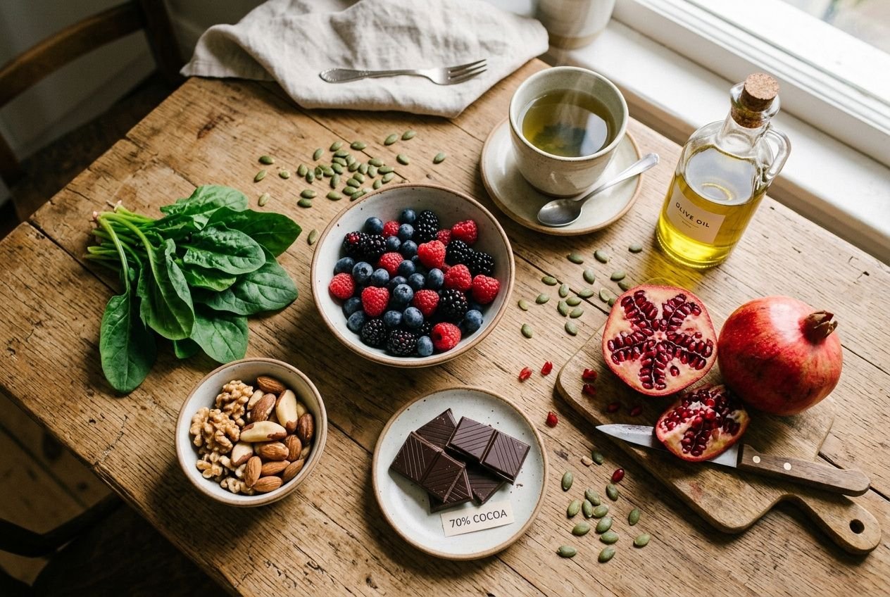 Assortiment d'aliments sains : fruits rouges, épinards, noix, chocolat noir, graines et huile d'olive sur une table, alimentation fertilité masculine.