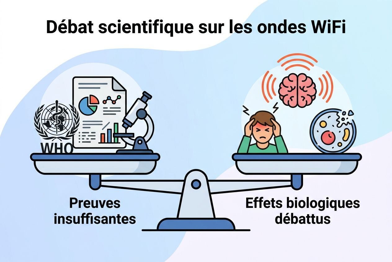 Balance symbolisant le débat scientifique sur les ondes WiFi : preuves institutionnelles insuffisantes d'un côté, effets biologiques contestés de l'autre.