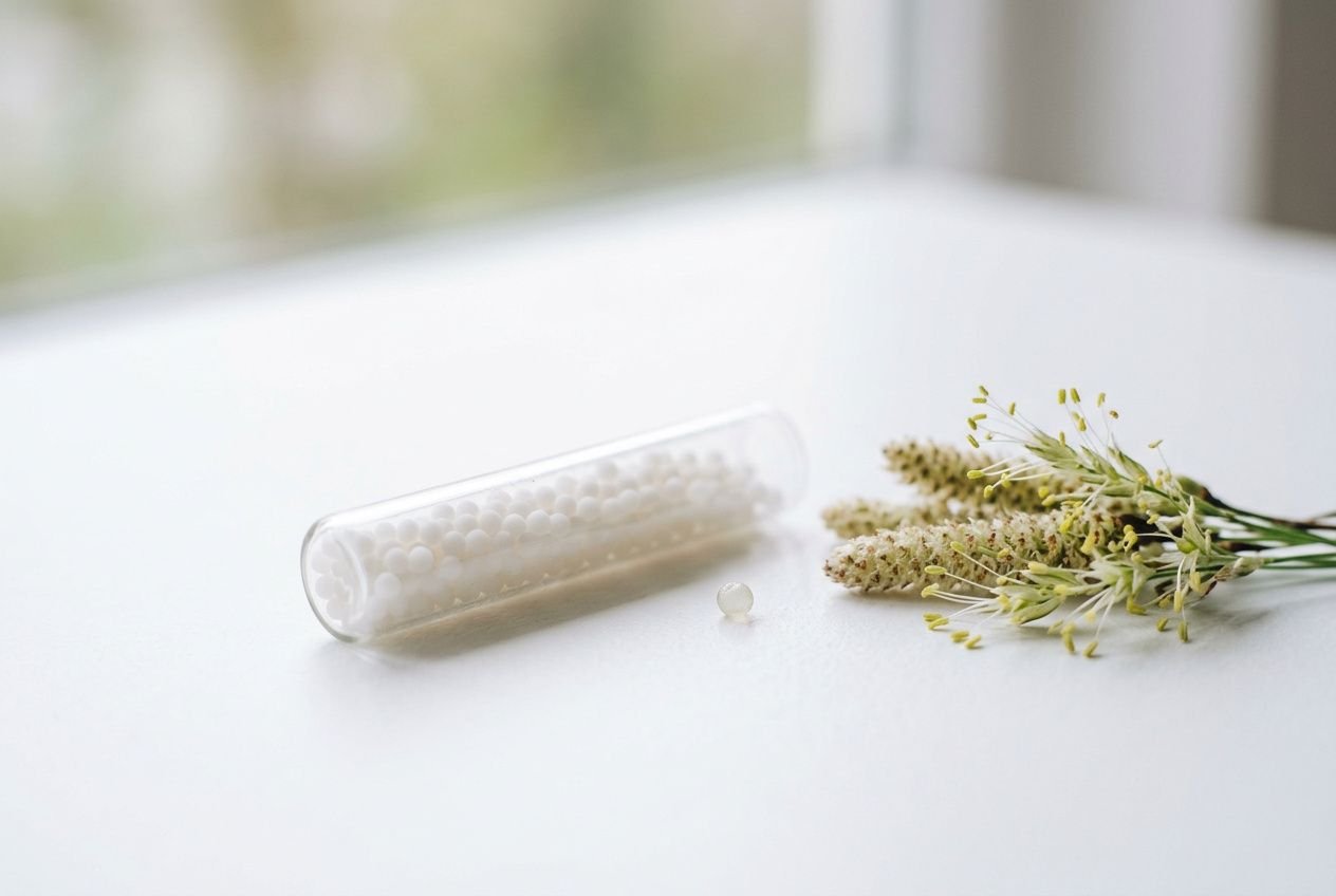 Boîte de granules d'homéopathie posée près de clochettes de pollen.