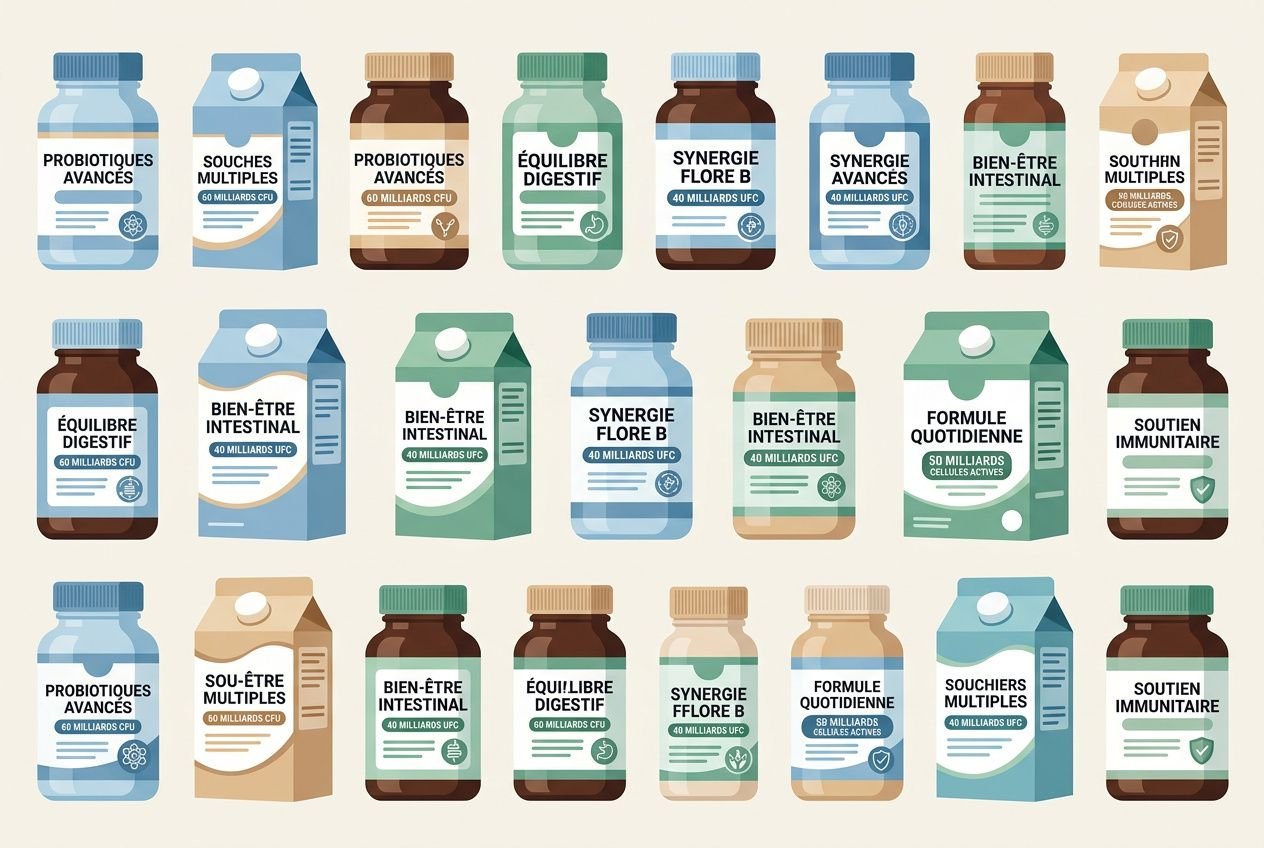 Compléments alimentaires de probiotiques et prébiotiques présentés en pharmacie