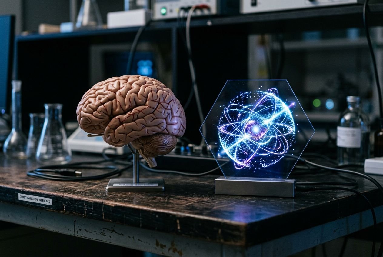 Représentation du cerveau associée à la conscience quantique, illustrée par un modèle holographique lumineux.
