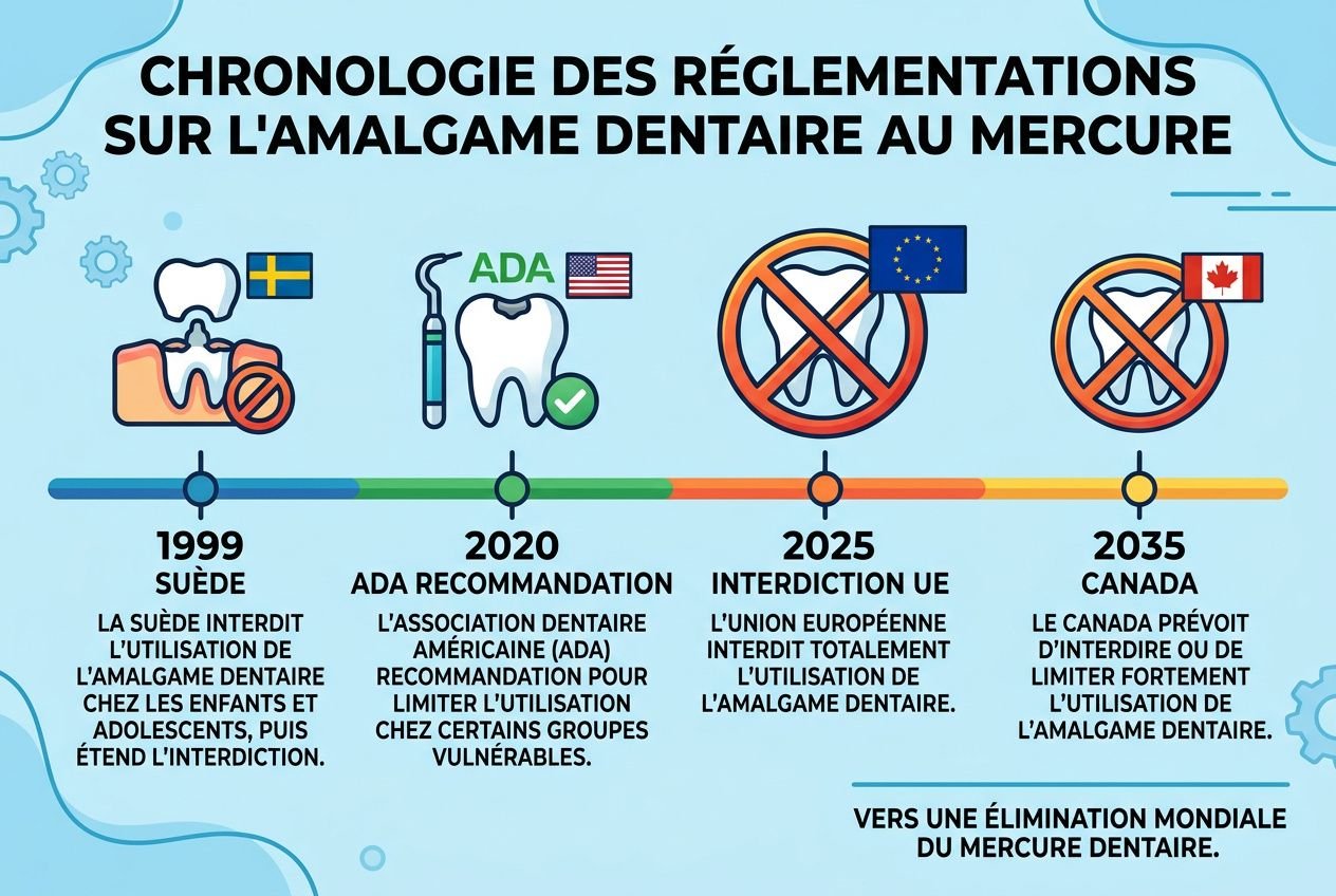 Chronologie de l'interdiction du mercure dans les amalgames dentaires, de 1999 à 2035.