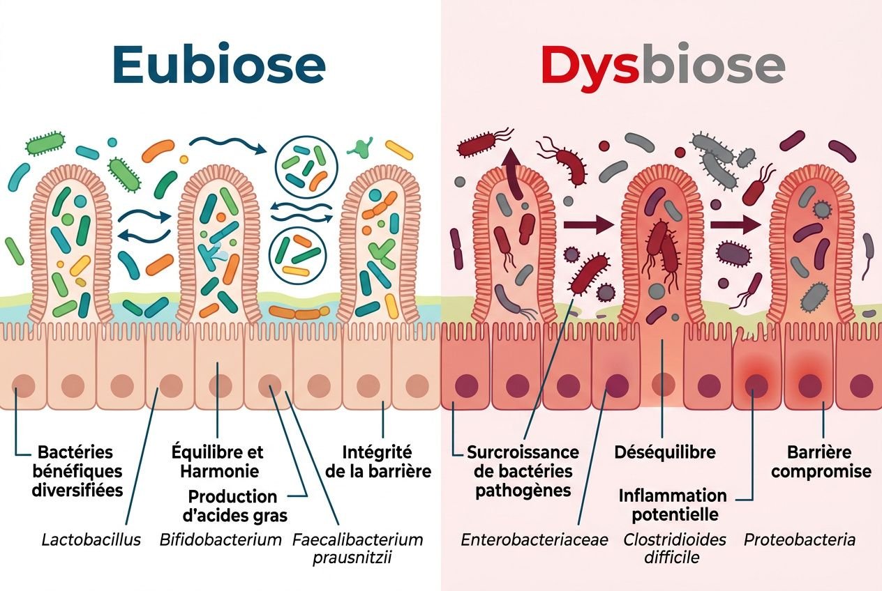 Microbiote intestinal équilibré et microbiote en dysbiose : comparaison des populations bactériennes