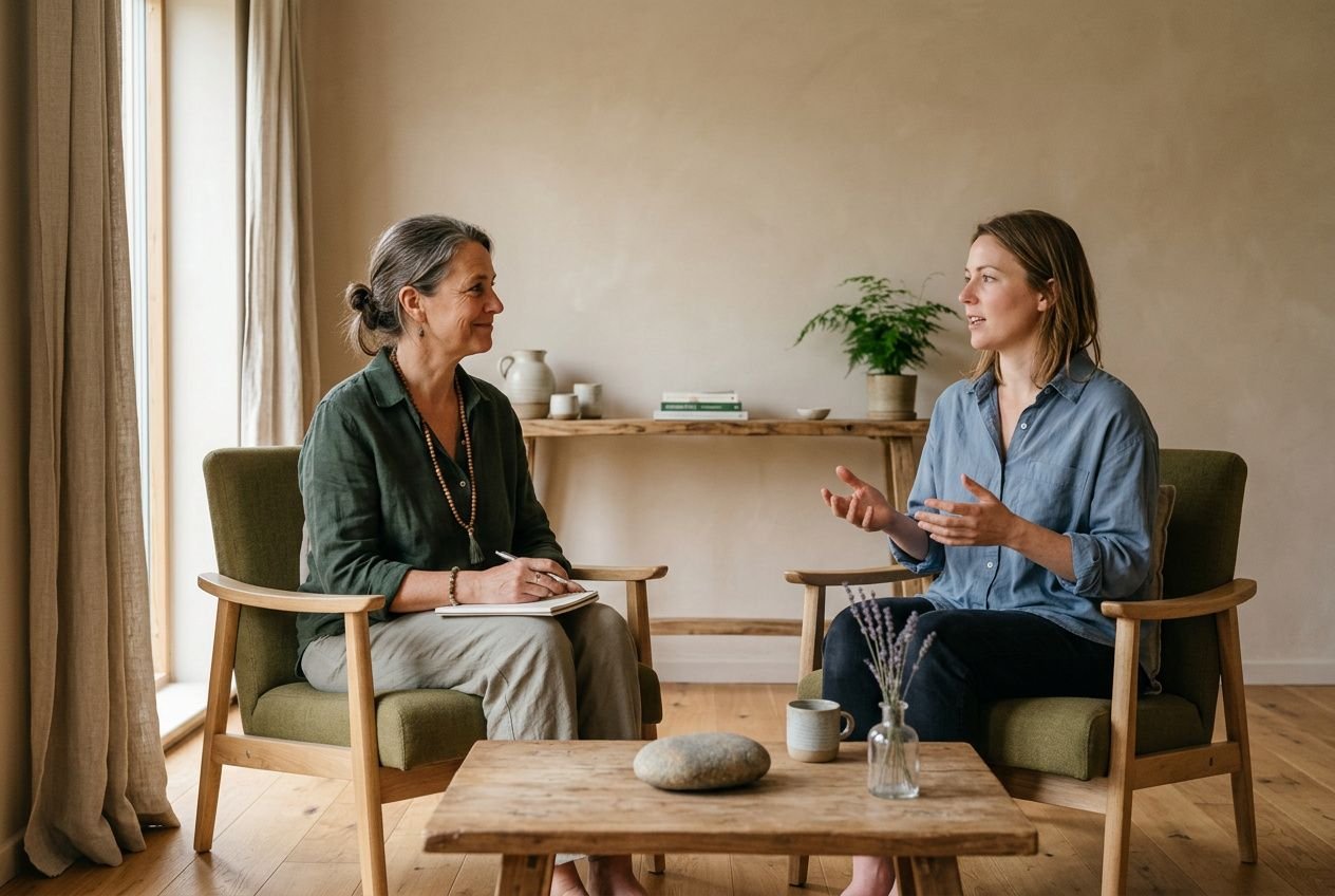 Séance d'accompagnement en médecine holistique entre une praticienne et sa cliente, dans un cadre chaleureux