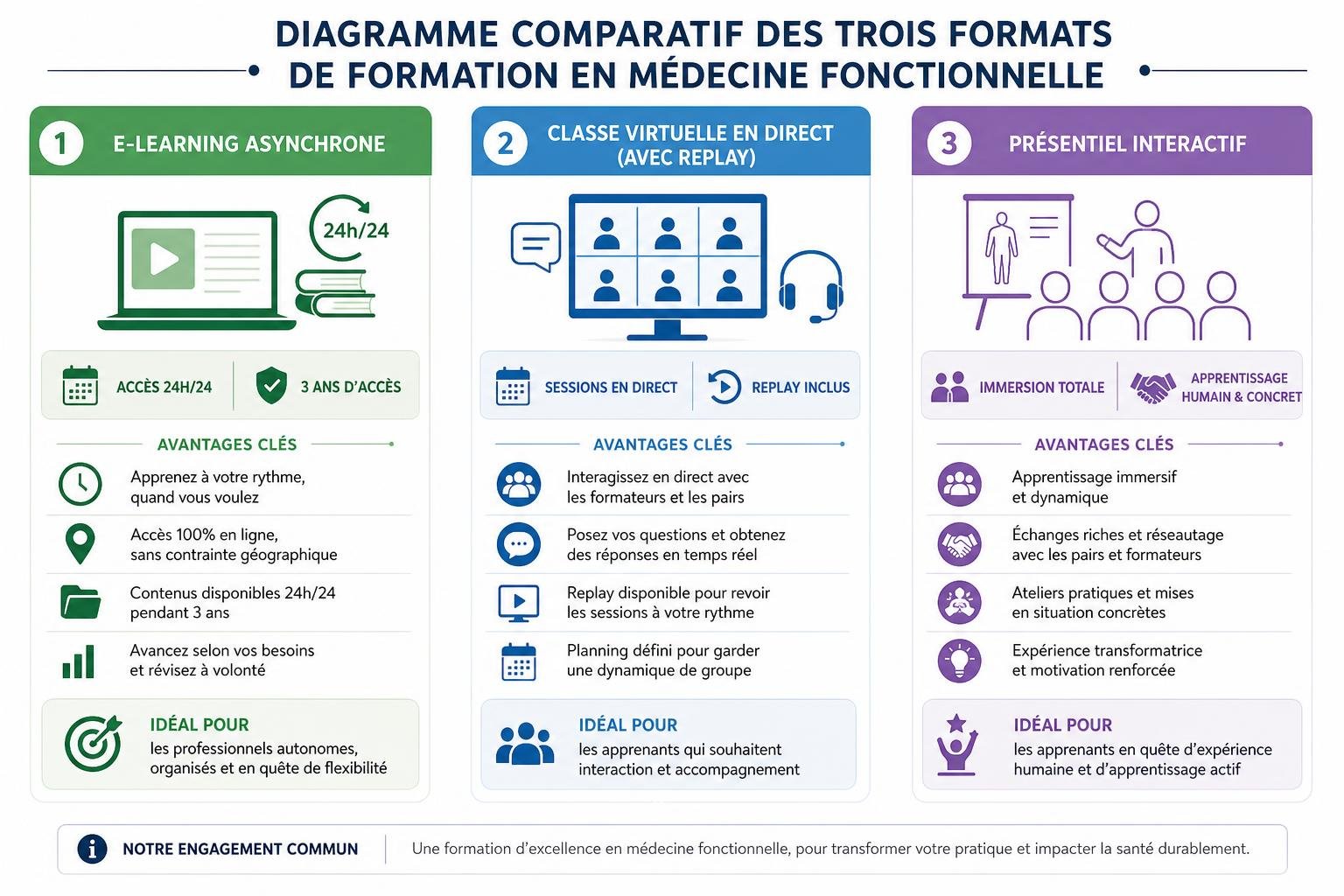Comparatif des formats de formation en médecine fonctionnelle : e-learning, classe virtuelle et présentiel