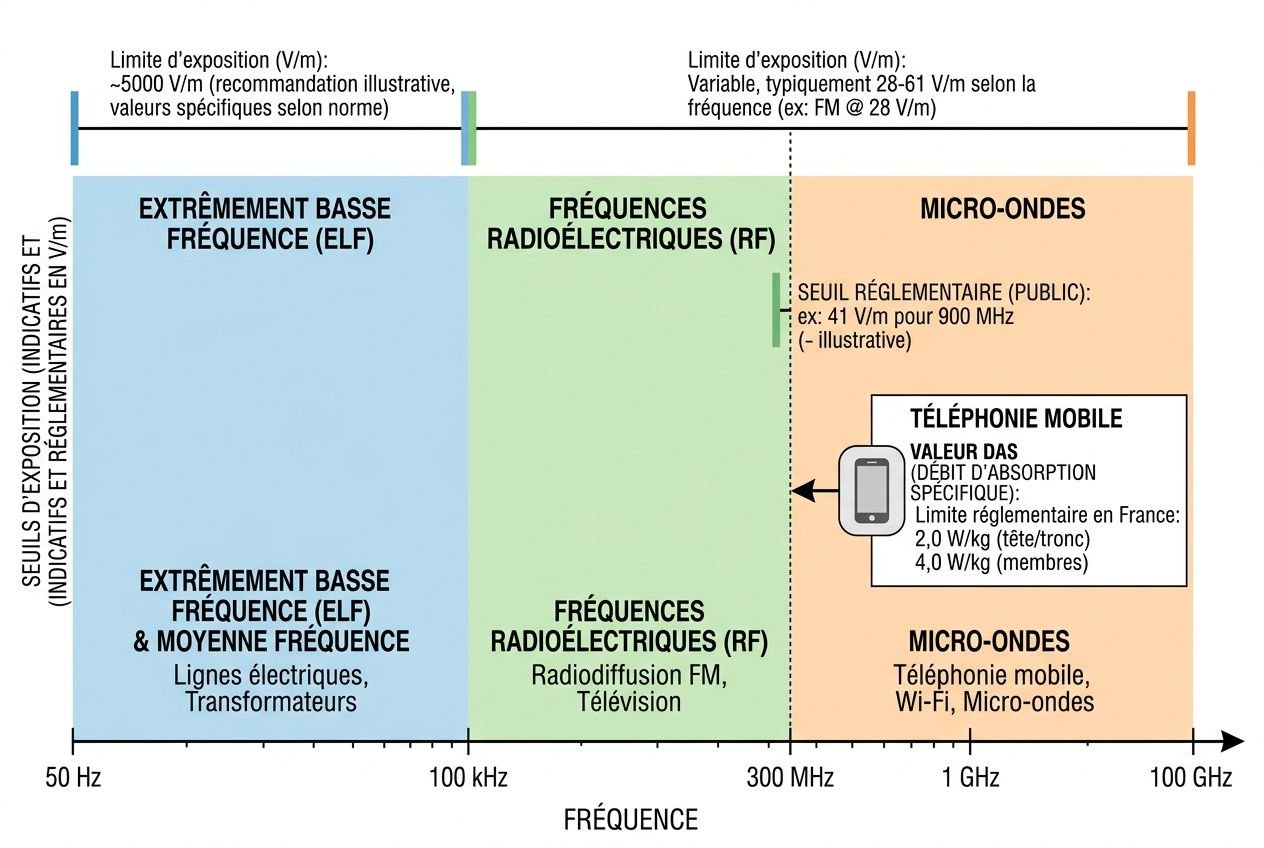 Bandes de fréquences ELF, RF et micro-ondes avec leurs seuils d'exposition aux ondes électromagnétiques