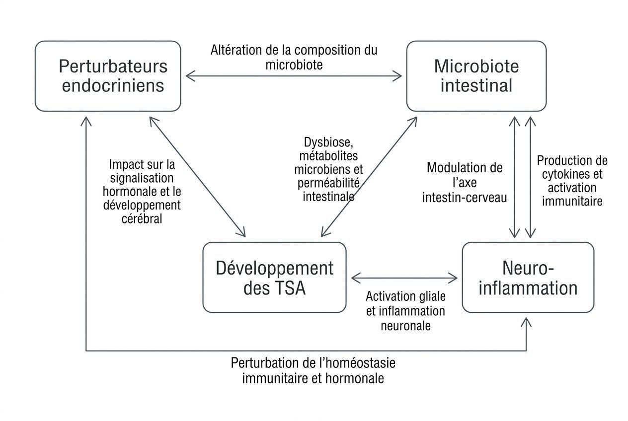 Diagramme schématique montrant l'interaction entre perturbateurs endocriniens, microbiote intestinal et neuro-inflammation dans le développement des TSA, avec perturbations immunitaires et hormonales. Autisme, causes environnementales et approche biomédicale.