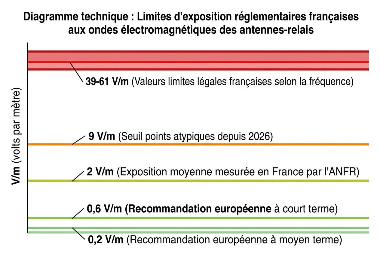 Diagramme technique montrant les limites d'exposition réglementaires françaises aux ondes des antennes-relais, avec niveaux 0,2–9 V/m et recommandations européennes, lié à distance de sécurité antenne 5G.