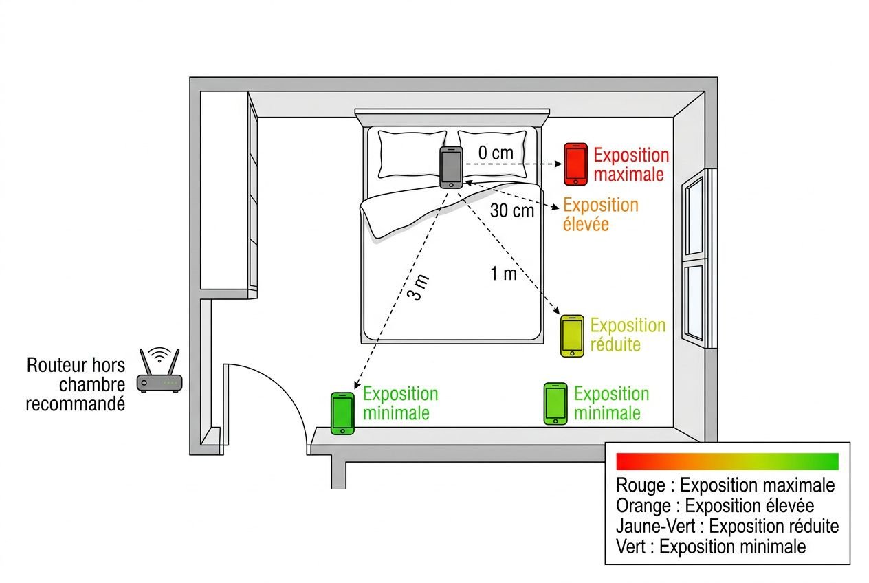 Positionnement du téléphone portable par rapport au lit la nuit : conseils de distance pour limiter l'exposition aux ondes et mieux dormir