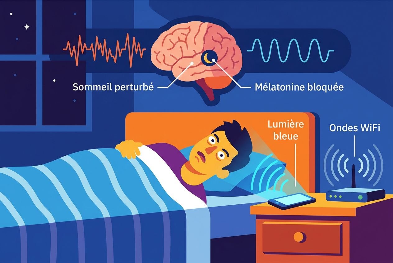 Homme au lit exposé à la lumière bleue et aux ondes WiFi : effets sur le sommeil et la mélatonine lors d'une nuit avec smartphone à proximité