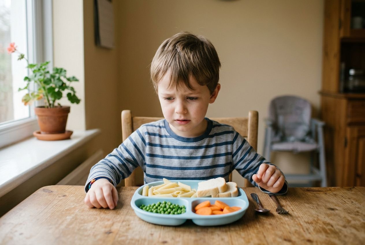 Enfant autiste à table devant une assiette compartimentée illustrant la sélectivité alimentaire dans l'autisme.