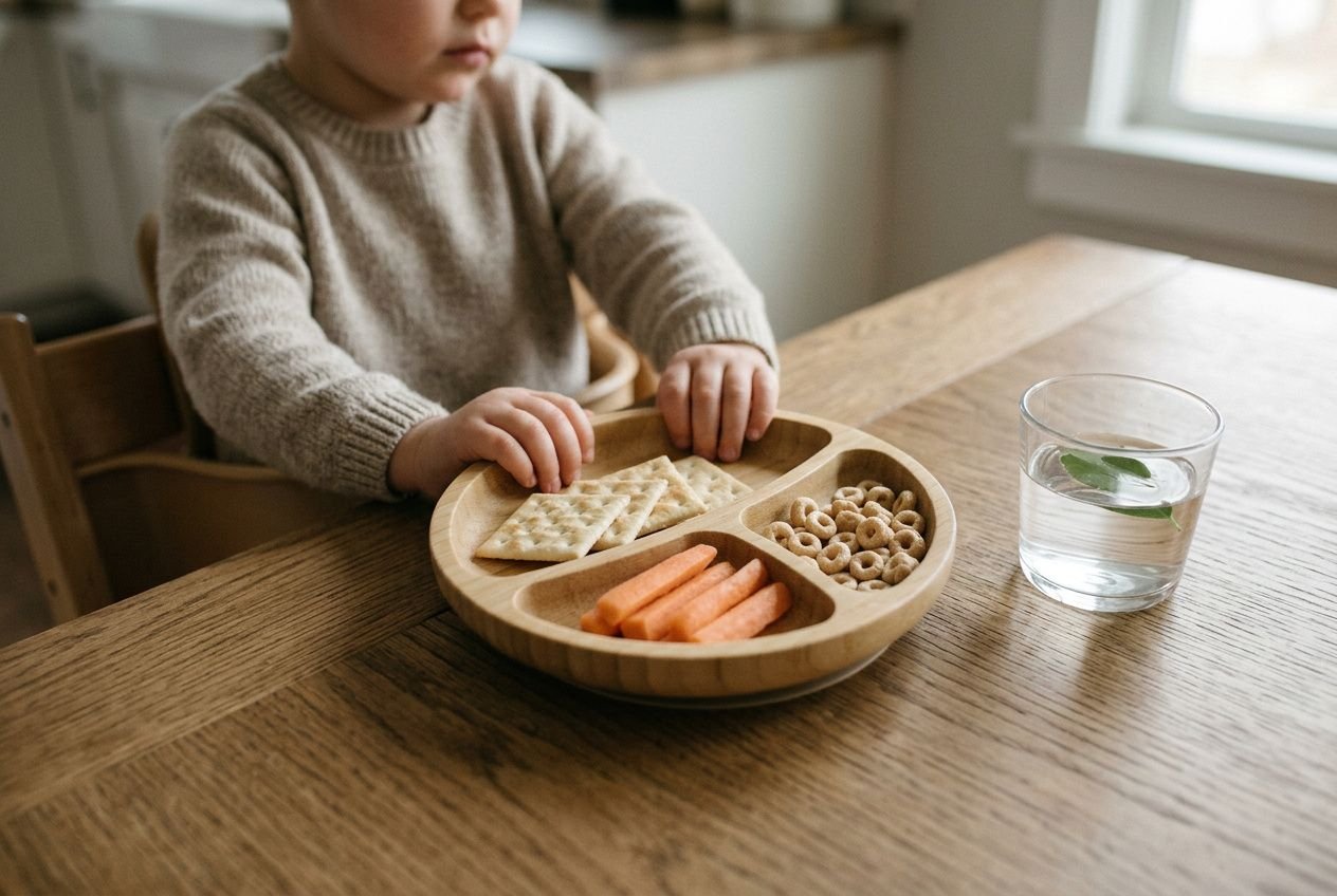 Enfant assis à table devant un repas sur plateau compartimenté, avec crackers et bâtonnets de carotte.