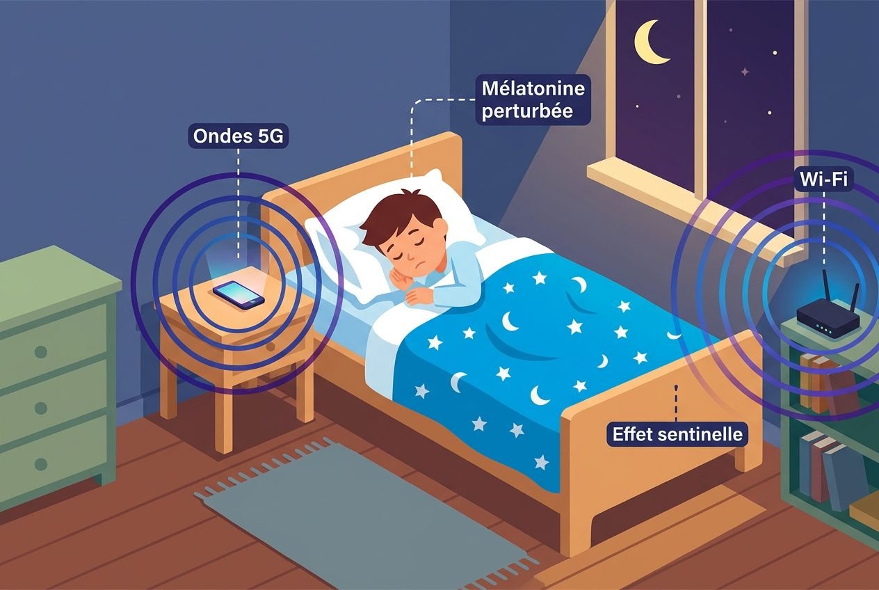Enfant endormi dans sa chambre avec téléphone et routeur Wi-Fi allumés à proximité, illustrant l'exposition nocturne aux ondes 5G et ses effets possibles sur le sommeil et la mélatonine.