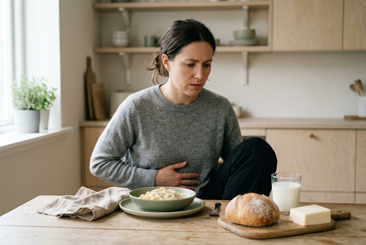 Femme souffrant de douleur abdominale devant pâtes, pain et beurre : aliments à limiter avec l'endométriose