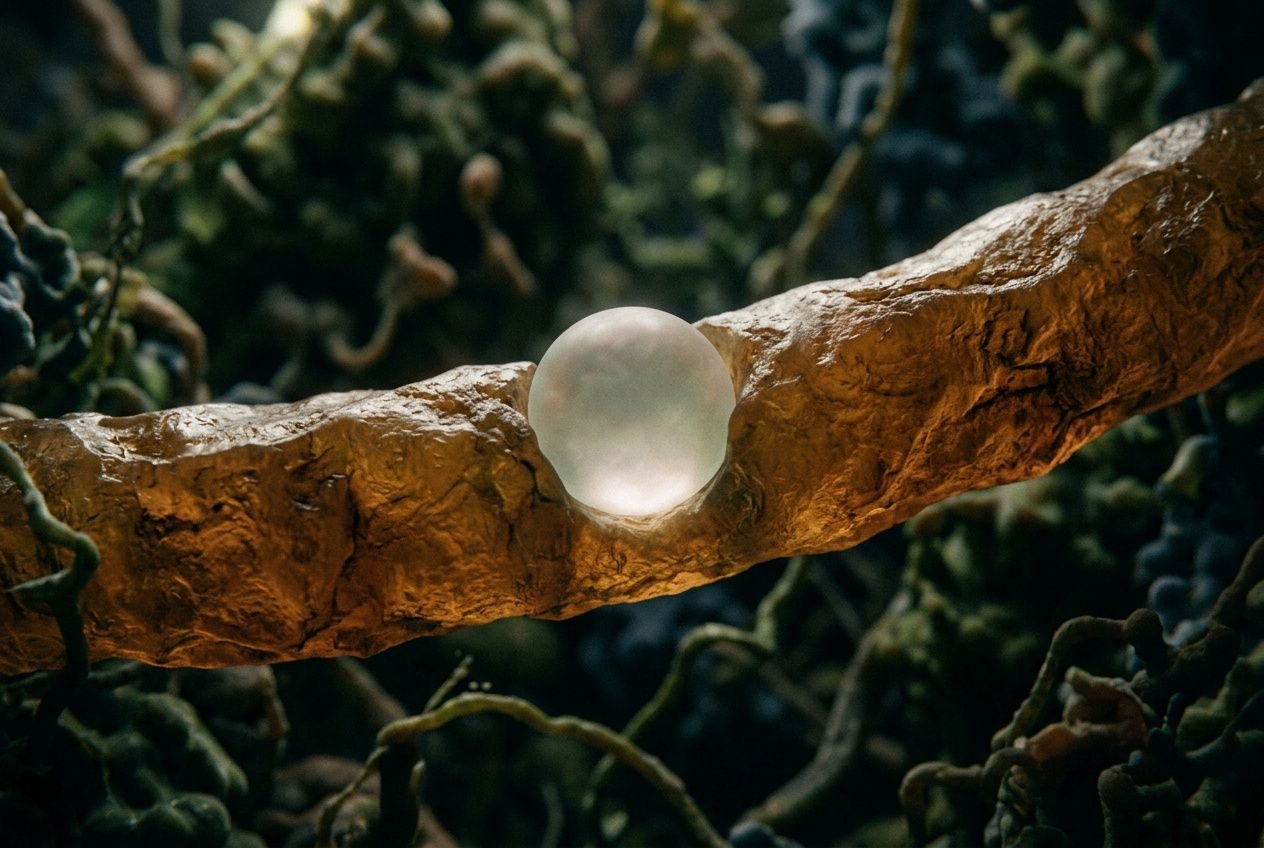 Graine translucide en gros plan sur une branche, dans un décor forestier