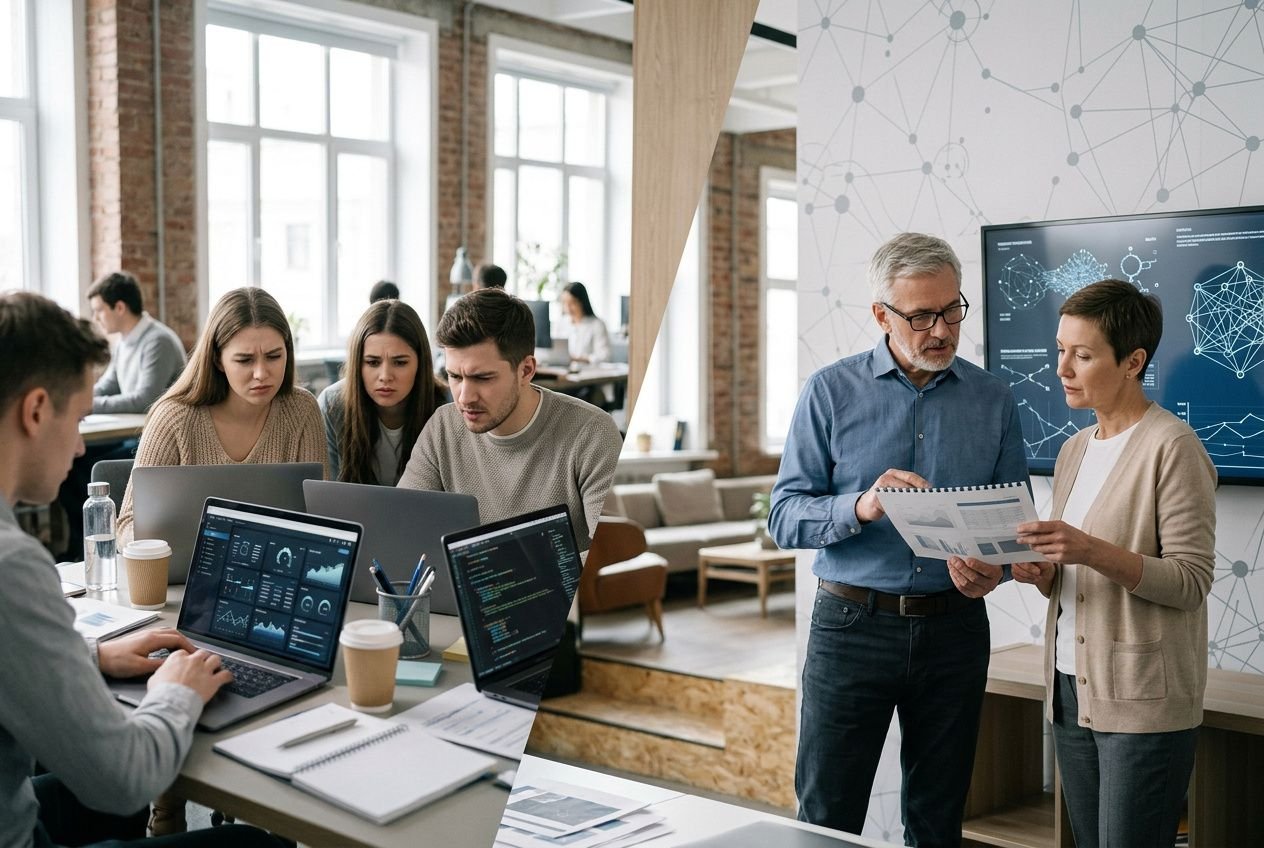 Équipe de professionnels analysant des graphiques lors d'une réunion sur l'impact de l'intelligence artificielle dans l'entreprise