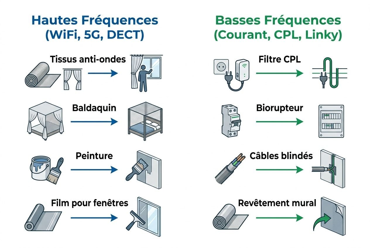 Guide visuel des solutions anti-ondes: absorbeur d'ondes électromagnétiques et protections (tissus, peintures, film et revêtement) pour fenêtres et murs.
