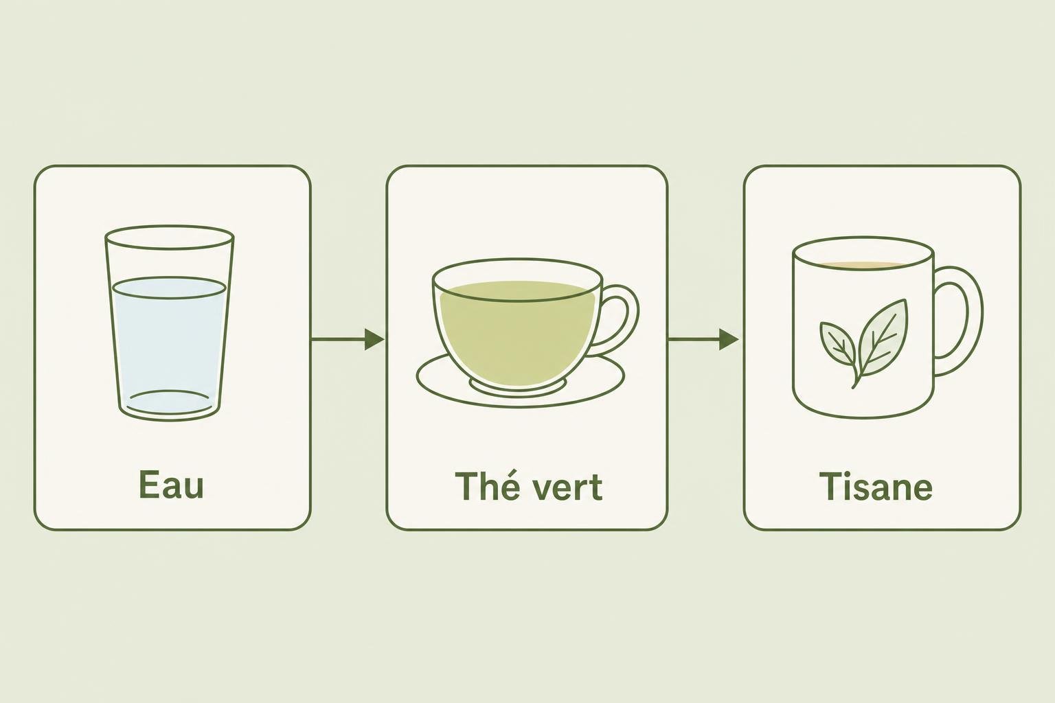 Illustration d'une hydratation progressive après les fêtes : eau, thé vert et tisane
