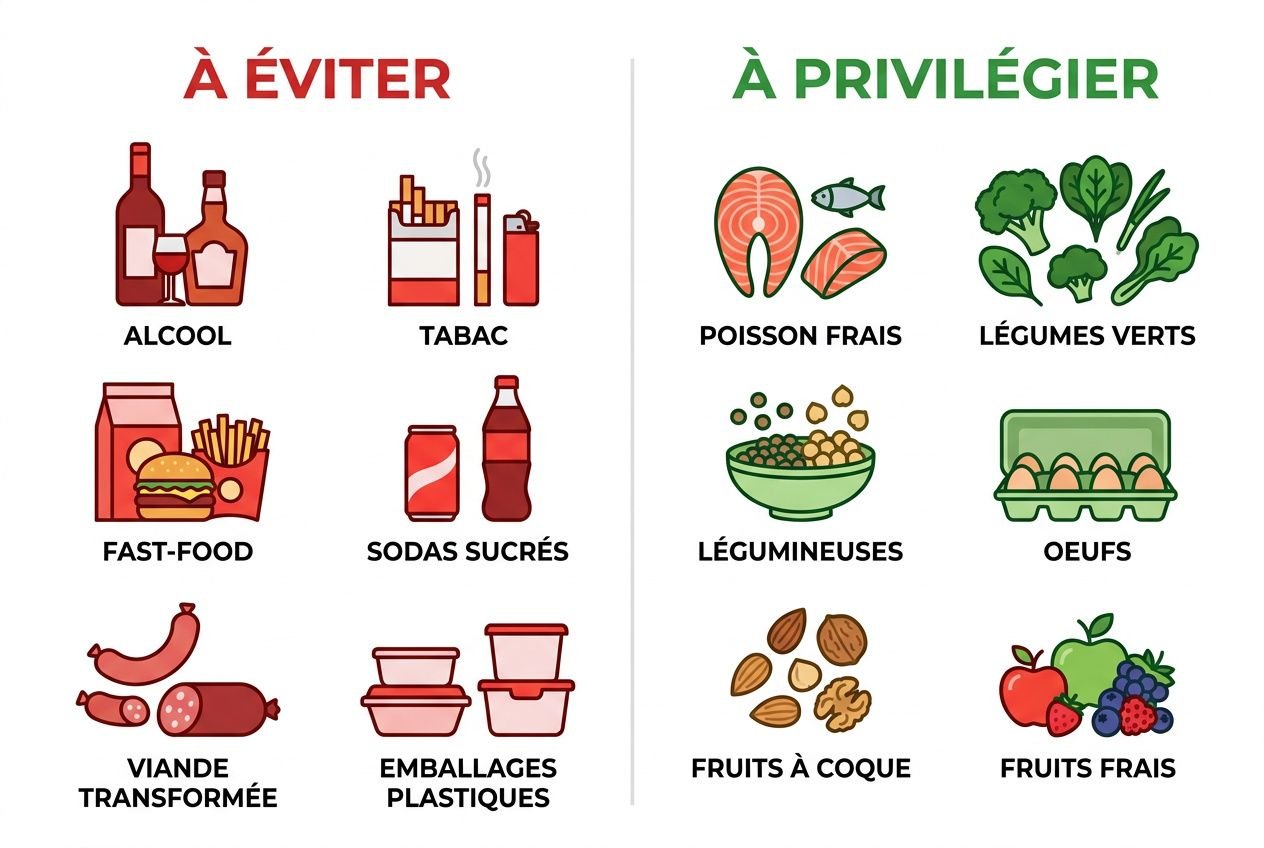 Illustration divisée : à éviter côté gauche (alcools, tabac, fast-food, sodas sucrés, viande transformée, emballages plastiques) et à privilégier côté droit (poisson frais, légumes verts, légumineuses, œufs, fruits à coque, fruits frais) pour l'alimentation et la fertilité féminine.