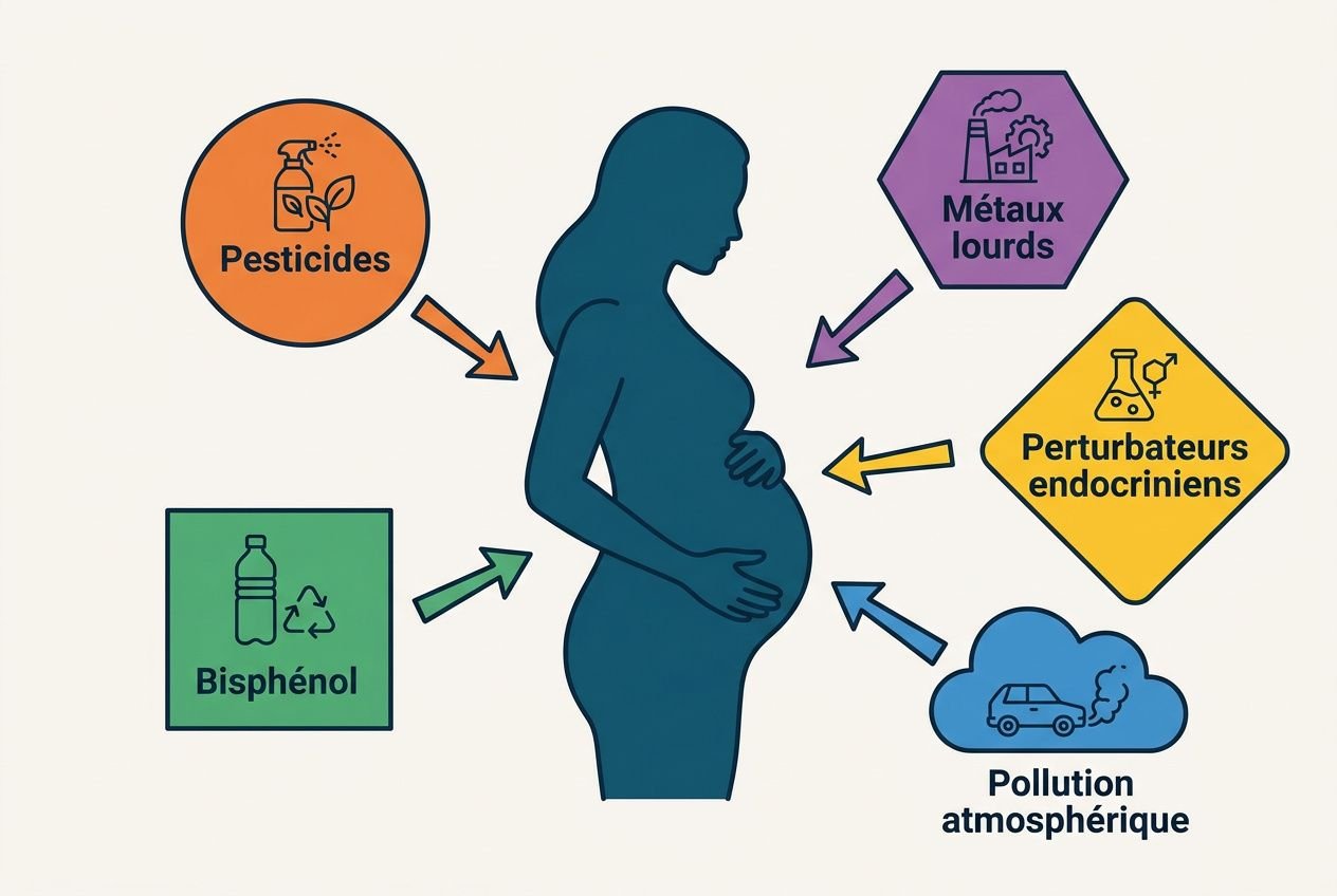 Illustration montrant une silhouette féminine enceinte entourée d'étiquettes : pesticides, bisphénol, métaux lourds, perturbateurs endocriniens et pollution atmosphérique, reliés à l'autisme et à l'approche biomédicale.