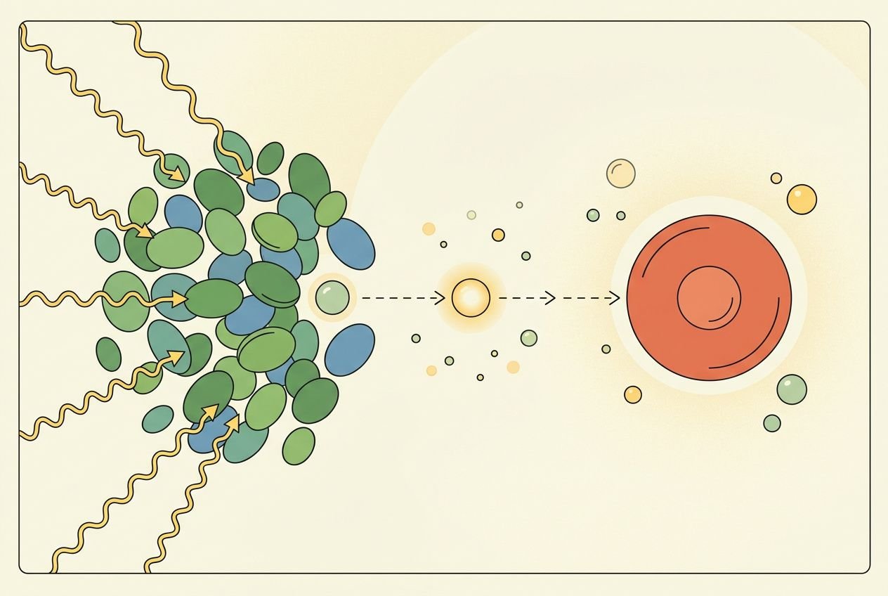 Illustration du transfert d'énergie entre particules et composants biologiques