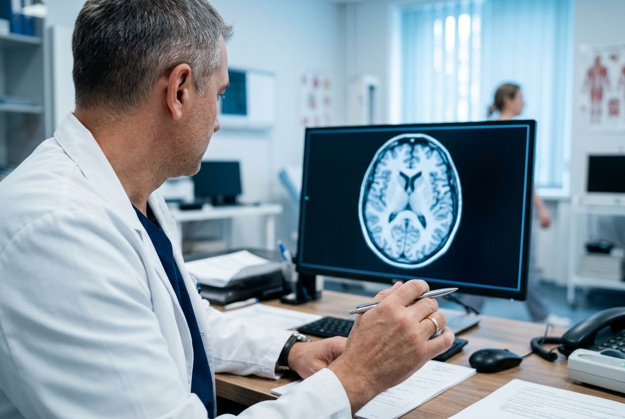 Médecin analysant une IRM cérébrale, illustrant l’intelligence artificielle en médecine