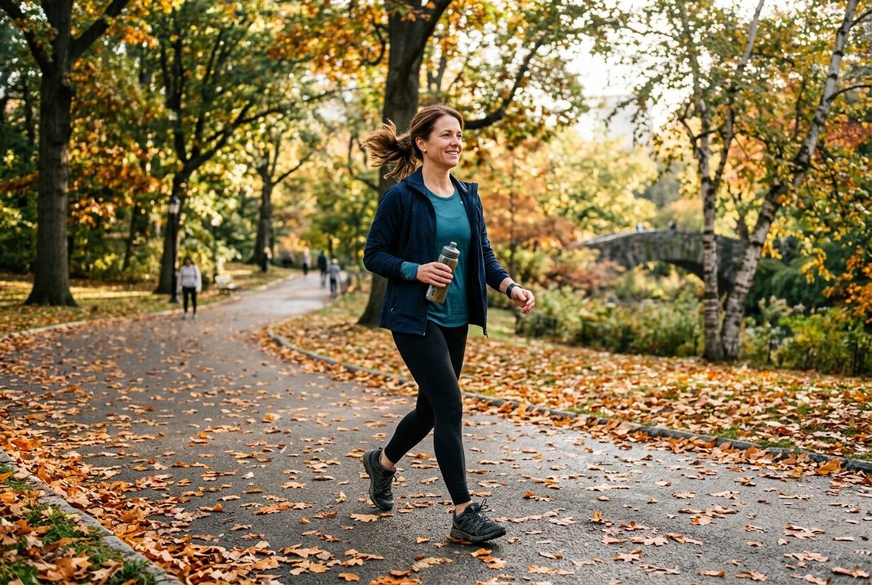 Personne marchant dans un parc en automne, activité physique utile à la prévention du cancer.