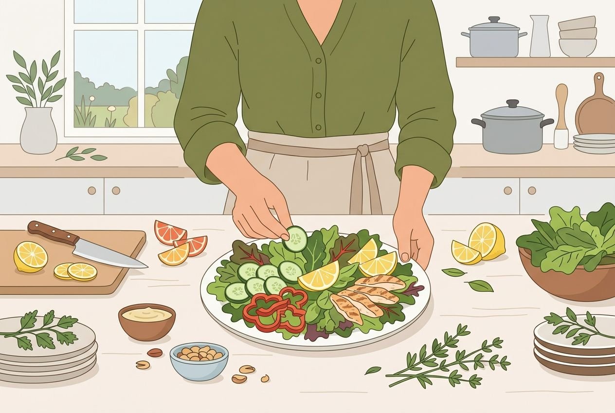 Préparation d'une salade équilibrée aux agrumes et légumes frais pour une reprise alimentaire légère