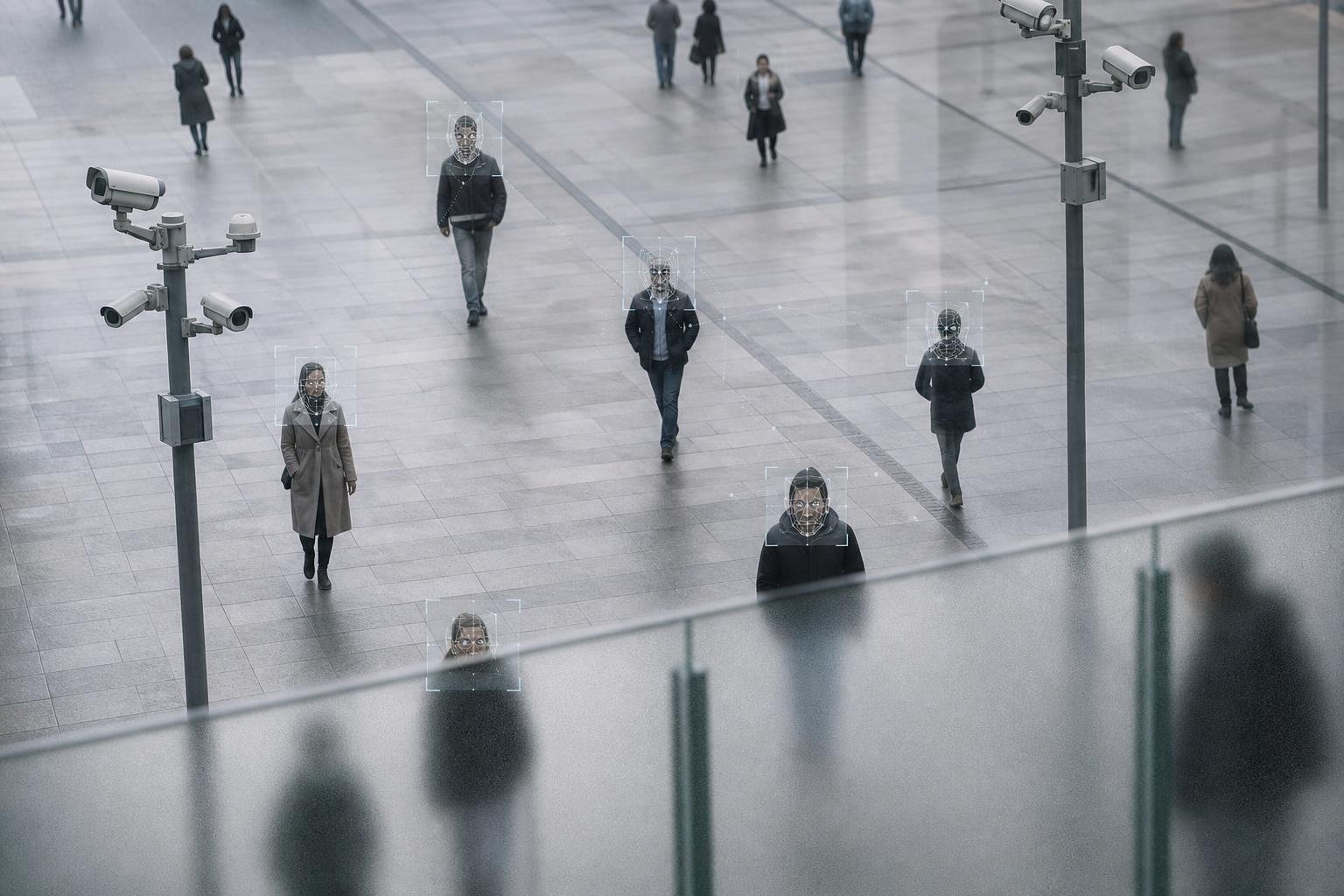 Personnes dans une zone urbaine sous surveillance par caméras et reconnaissance faciale
