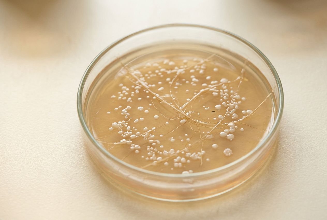 Boîte de Petri présentant une culture bactérienne utilisée pour l'étude des probiotiques