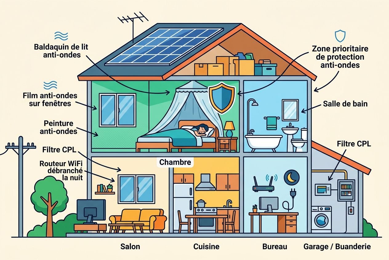 Plan de maison illustrant les absorbeur d'ondes électromagnétiques et les zones de protection anti-ondes dans le salon, cuisine et bureaux.