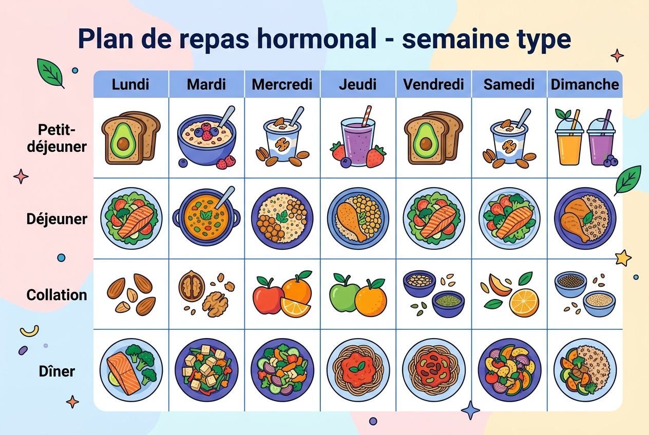 Plan de repas hormonal semaine type : exemple d'alimentation équilibrée pour la ménopause, avec petits-déjeuners, déjeuners, collations et dîners variés sur chaque jour de la semaine.