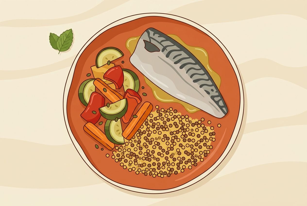 Assiette de poisson et légumes colorés, exemple de repas anti-inflammatoire