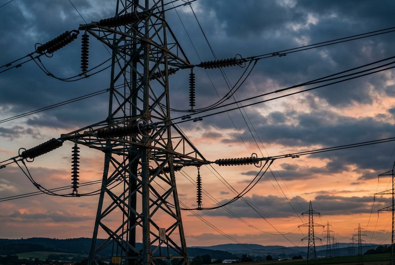Ligne à haute tension au coucher du soleil, une source d'ondes électromagnétiques nocives pour l'homme