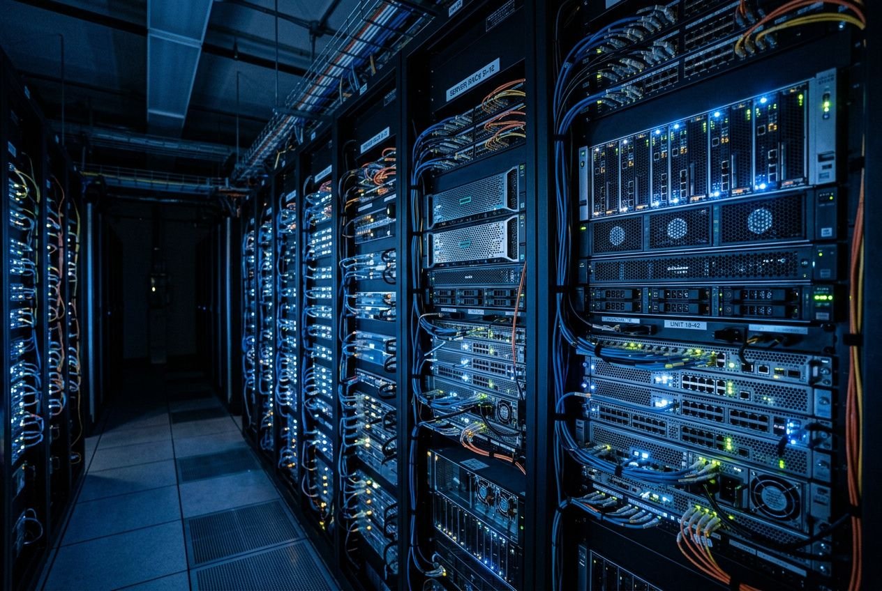 Racks de serveurs dans un data center, câblage réseau sombre et éclairage bleu, ambiance technique pour biais algorithmique ia.