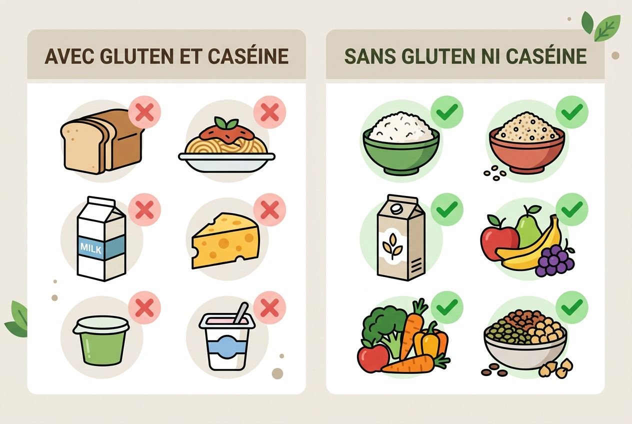 Comparaison alimentation avec et sans gluten ni caséine : céréales sans gluten, lait végétal et alternatives alimentaires pour les personnes autistes.