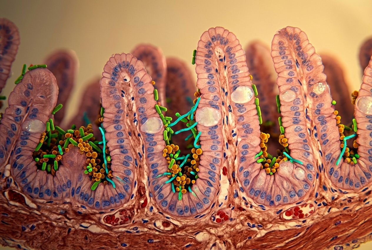 Micrographie du microbiote intestinal : villosités et bactéries colonisant la muqueuse