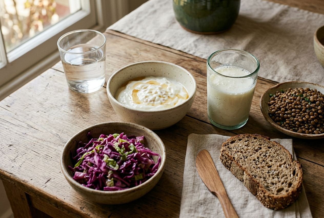 Repas coloré sur table en bois : salade de chou violet, yaourt, pain complet et lentilles.