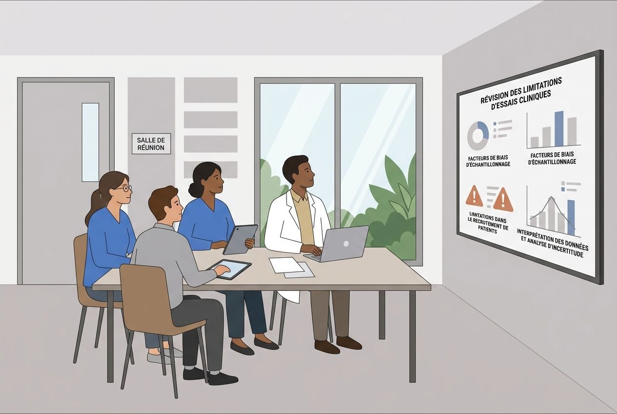 Réunion d'une équipe médicale évoquant les limites méthodologiques des essais cliniques