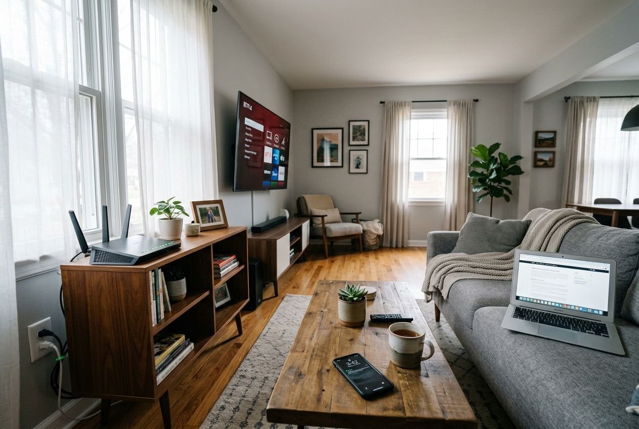 Salon moderne avec ordinateur portable et téléviseur connectés, illustrant la densification des ondes électromagnétiques dans l'habitat quotidien.