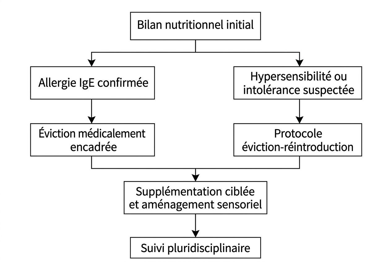 Schéma de bilan nutritionnel initial montrant la connexion entre allergie IgE confirmée et hypersensibilité ou intolérance suspectée, suivis d'évaluation médicale et protocole, puis supplémentation ciblée et suivi pluridisciplinaire : autisme allergies alimentaires connexion.