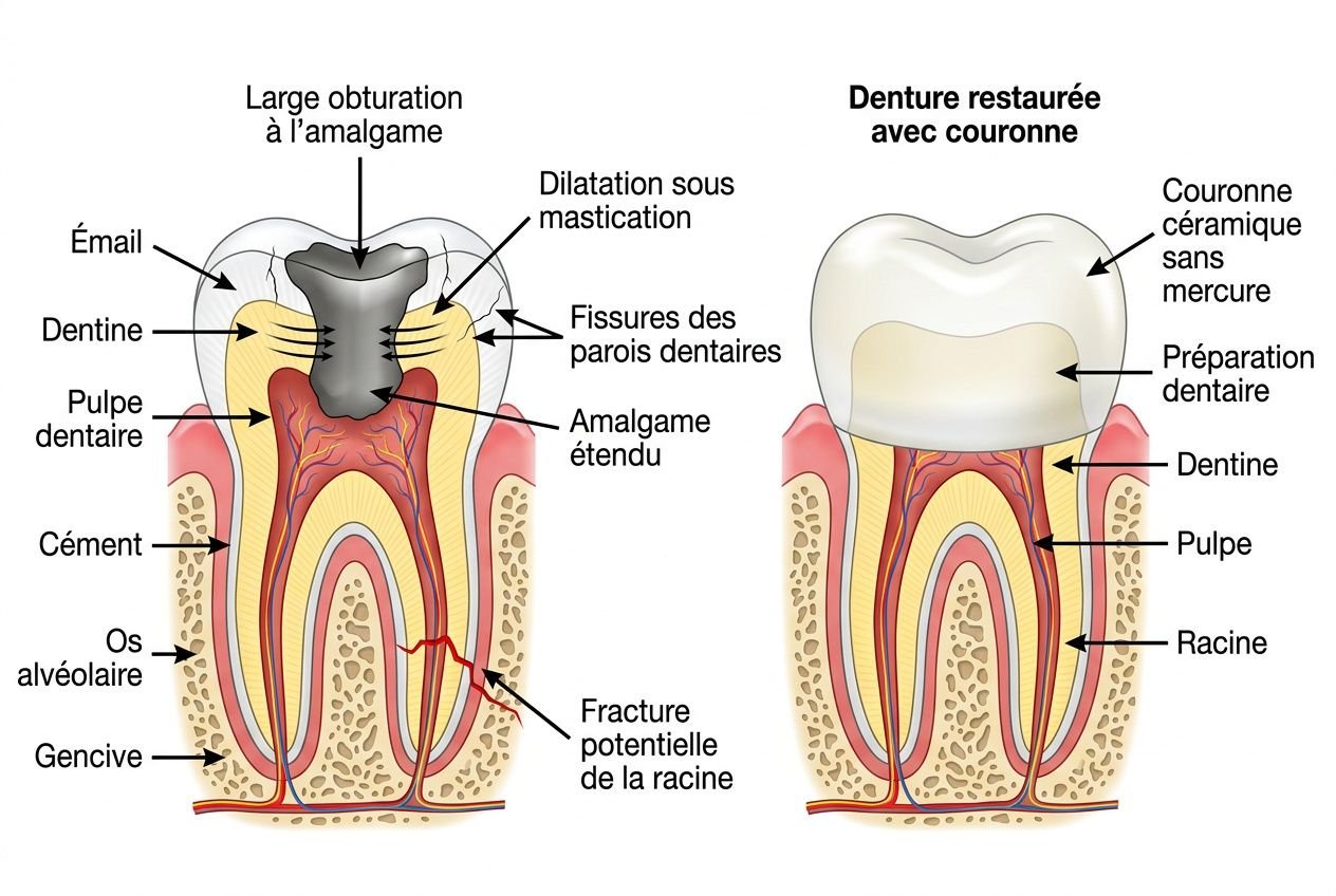 Comparaison entre un amalgame dentaire au mercure et une couronne céramique sans métal.