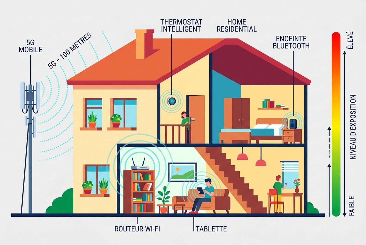 Schéma d'une maison avec antenne 5G à distance de sécurité, montrant les ondes autour d'un foyer et les différentes zones d'exposition dans le logement. Distance de sécurité antenne 5G et exposition dans l'habitat.