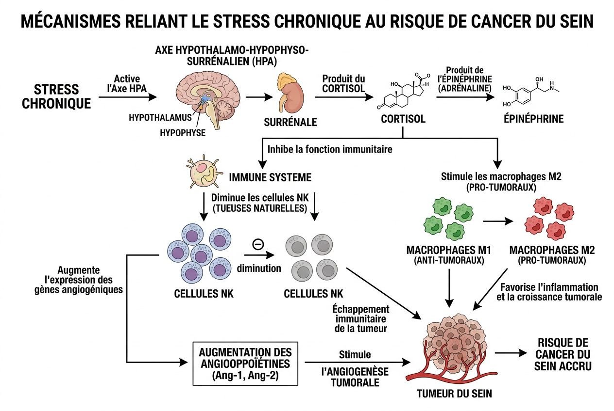 Schéma des mécanismes reliant stress chronique et risque de cancer du sein