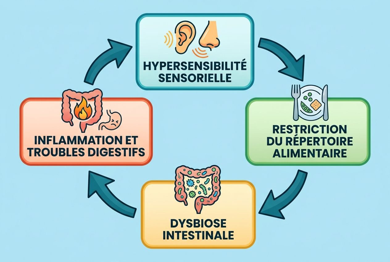 Schéma illustrant les liens possibles entre hypersensibilité sensorielle, restriction du répertoire alimentaire, dysbiose intestinale et inflammation digestive. Autisme allergies alimentaires connexion.