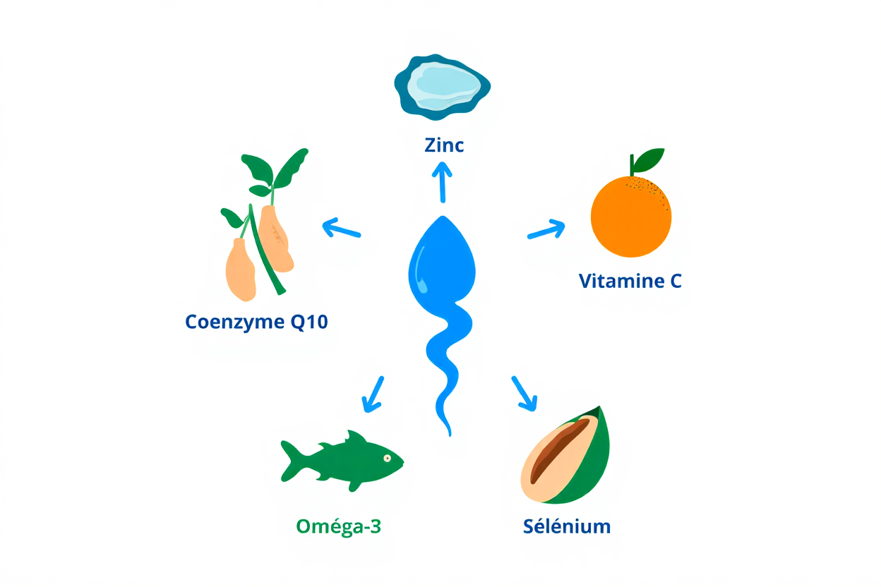 Schéma illustrant les nutriments clés pour l'alimentation fertilité masculine : zinc, vitamine C, oméga-3, sélénium, CoQ10 et noix, autour d'un spermatozoïde stylisé.